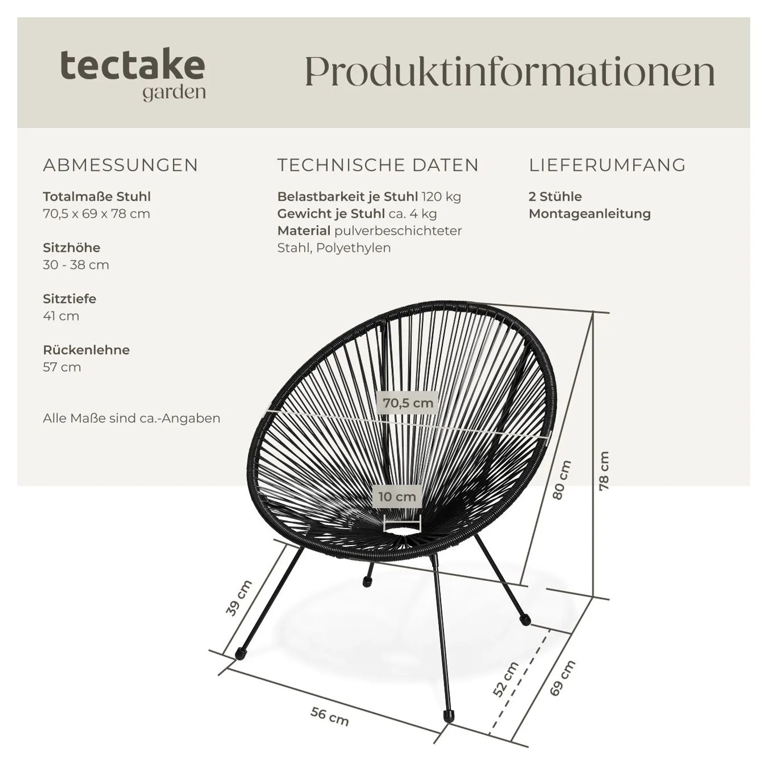 Schwarzer Gartenstuhl Santana im Acapulco-Stil mit Retrodesign, Schnurbespannung aus Polyethylen und schwarzem Stahlrahmen.