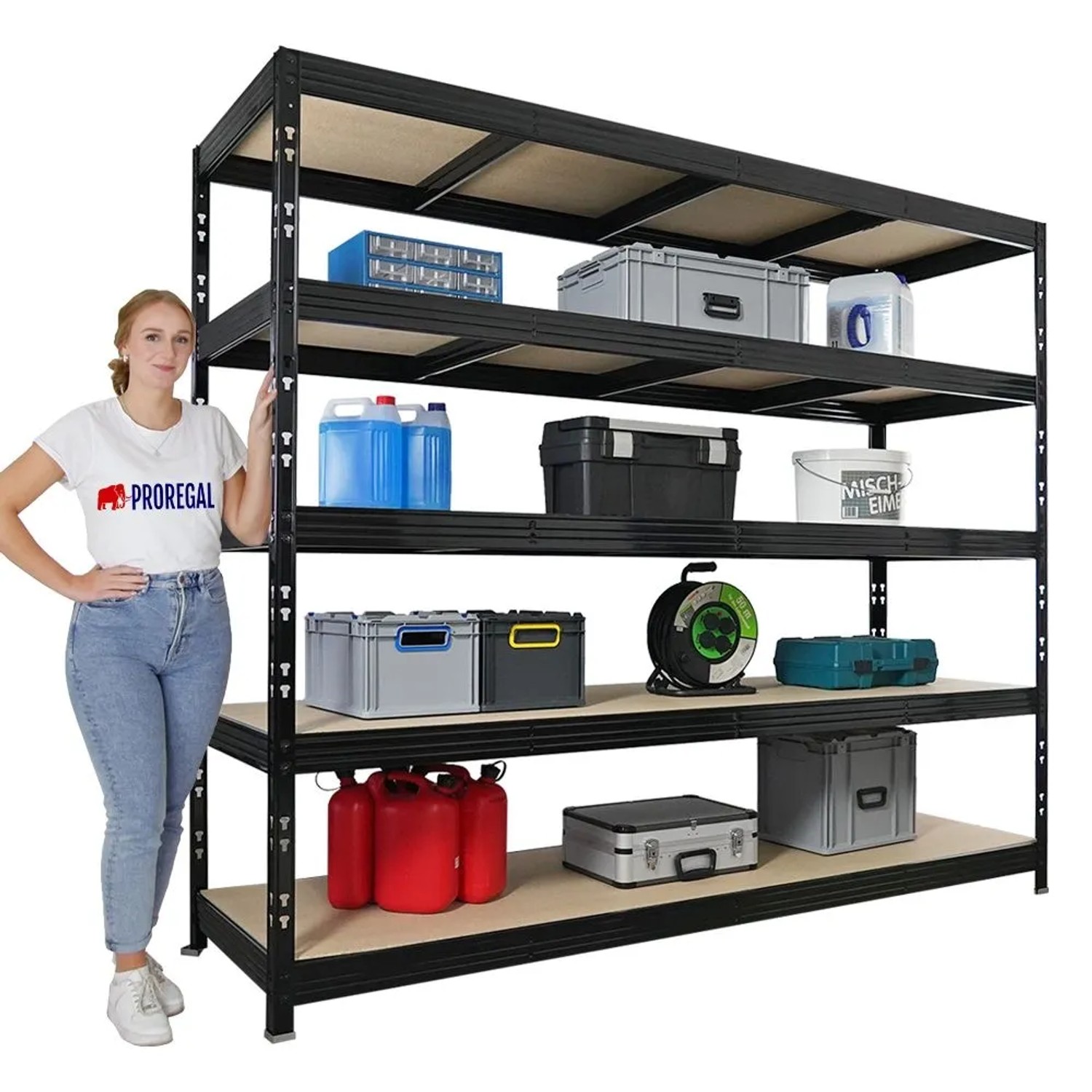 PROREGAL Mega Deal 4x Profi Schwerlastregal Rhino HxBxT 200x240x70cm 5 Spanplatten-Ebenen 8mm Fachlast 450kg Schwarz_2