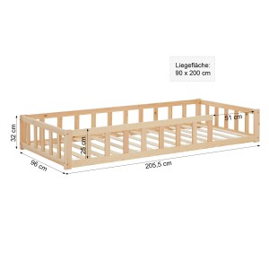 Homestyle4u Kinderbett Natur 90x200 cm mit Rausfallschutz und Lattenrost.