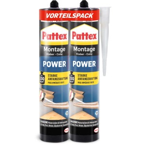 Pattex Montagekleber Power Duo-Pack, 2 Tuben à 370g, für starke Haftung auf saugenden Untergründen.