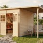 Bertilo Gartenhaus Alster 4 Plus XL aus Holz mit Unterstand und geöffneten Türen.