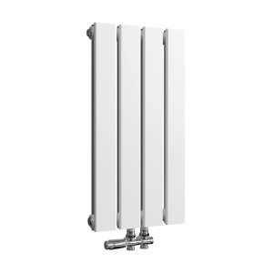 Weißer, doppelreihiger Emke Heizkörper 60x30cm mit Mittelanschluss. Vertikaler Flachheizkörper.