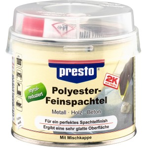 Presto Polyester-Feinspachtel 250g im Metalleimer mit transparentem Deckel.