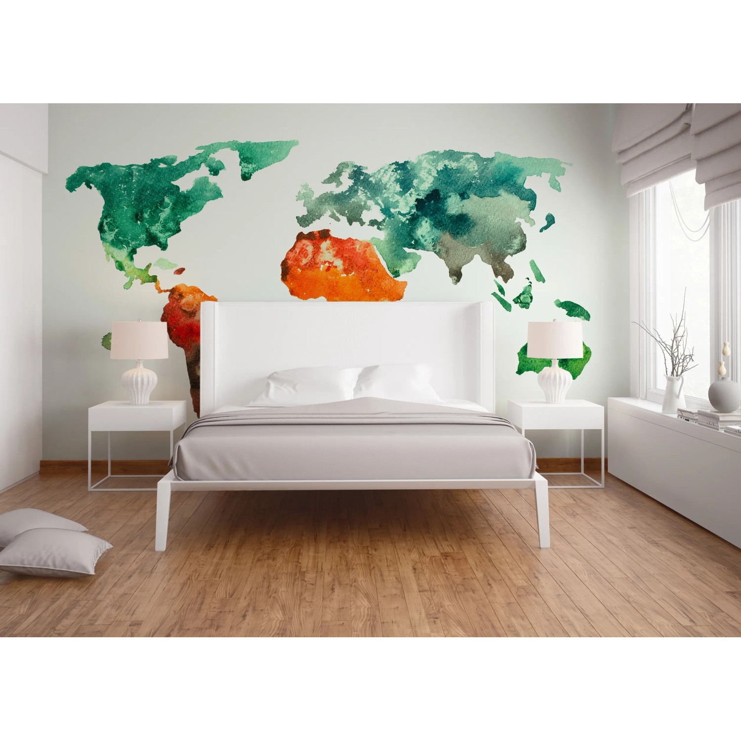 Fototapete Weltkarte in Weiß, Grün, Rot und Orange im Schlafzimmer.