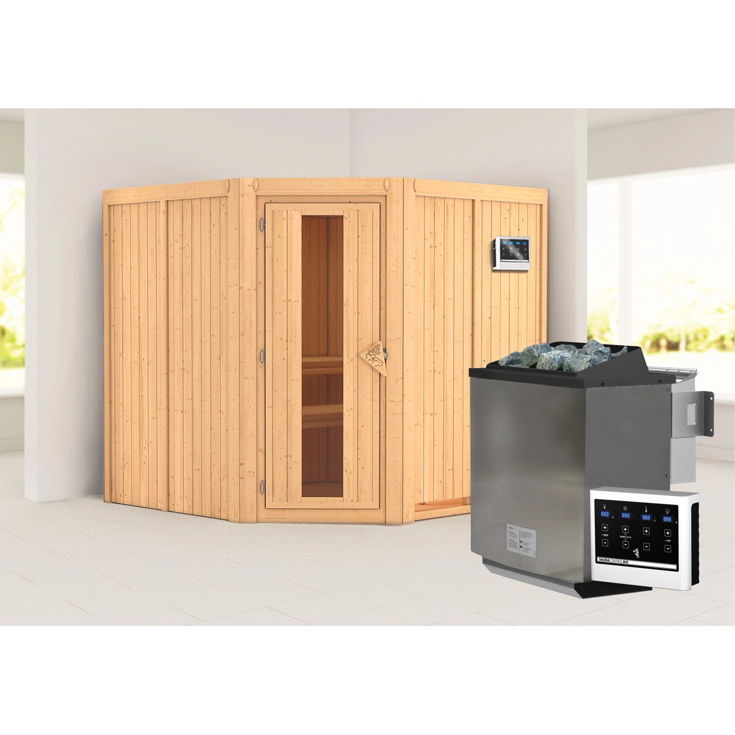 Karibu Sauna Jorma mit Bio-Ofen externe Steuerungt Natur