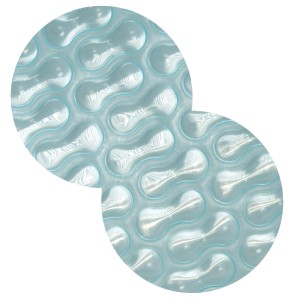 Detailansicht der Evolution Solarplane Achtform: Hellblaue Geobubble-Struktur für maximale Wärme im Pool.