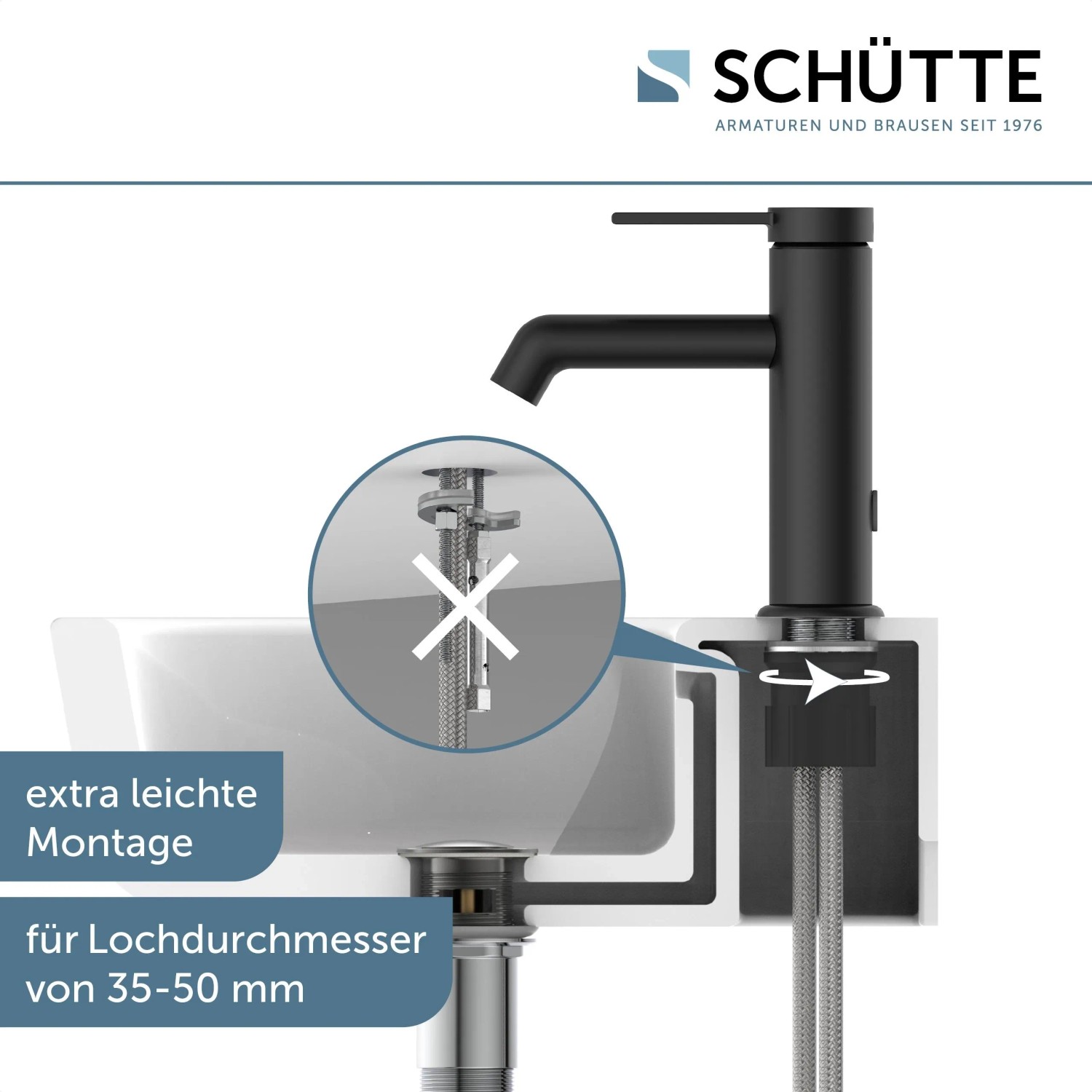 Schütte Waschtischarmatur Los Angeles, mattschwarz, Montage am Waschbecken mit Popup-Ablaufventil.
