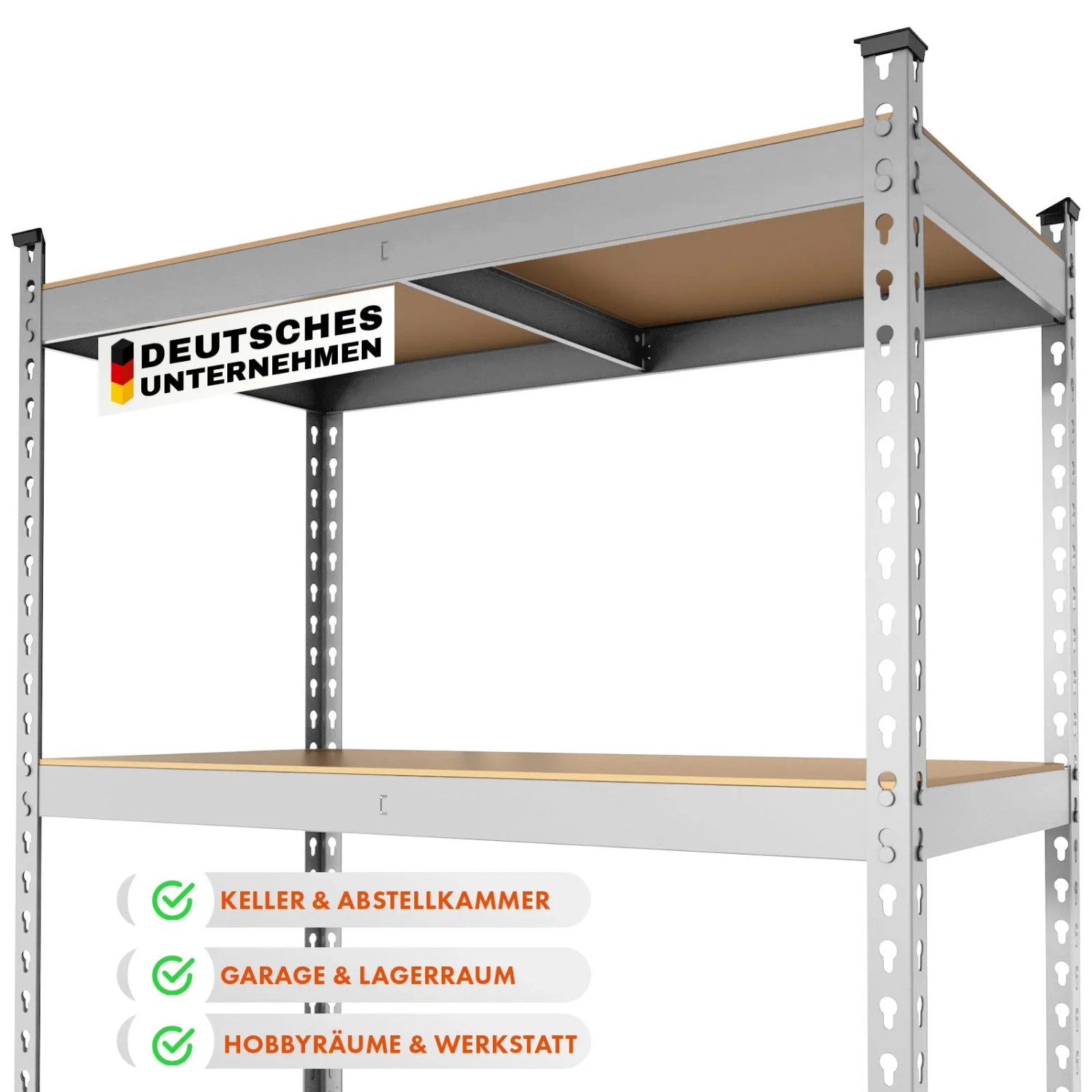 Detailansicht: KARAT Schwerlastregal Rhino, verzinkt, mit MDF-Böden. Ideal für Garage, Keller oder Werkstatt.