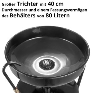 Großer schwarzer Trichter des STAHLWERK Ölabscheiders mit 40 cm Durchmesser und 80 Liter Fassungsvermögen für Ölwechsel.