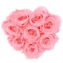 Herzförmige Rosenbox mit 8 rosa Rosen und Schleife. Romantischer Blumenstrauß.