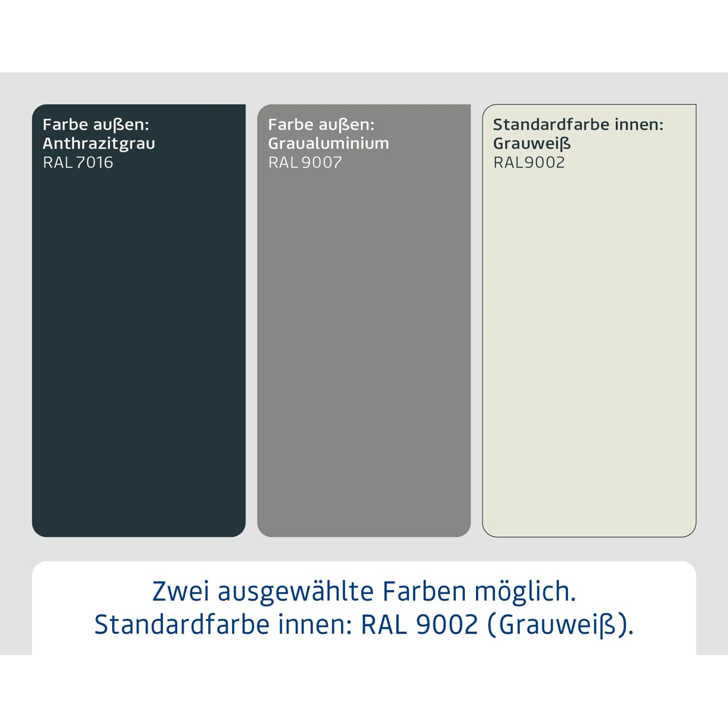 Farbauswahl für Hörmann EcoStar Gerätehaus: Anthrazitgrau, Graualuminium, Grauweiß.