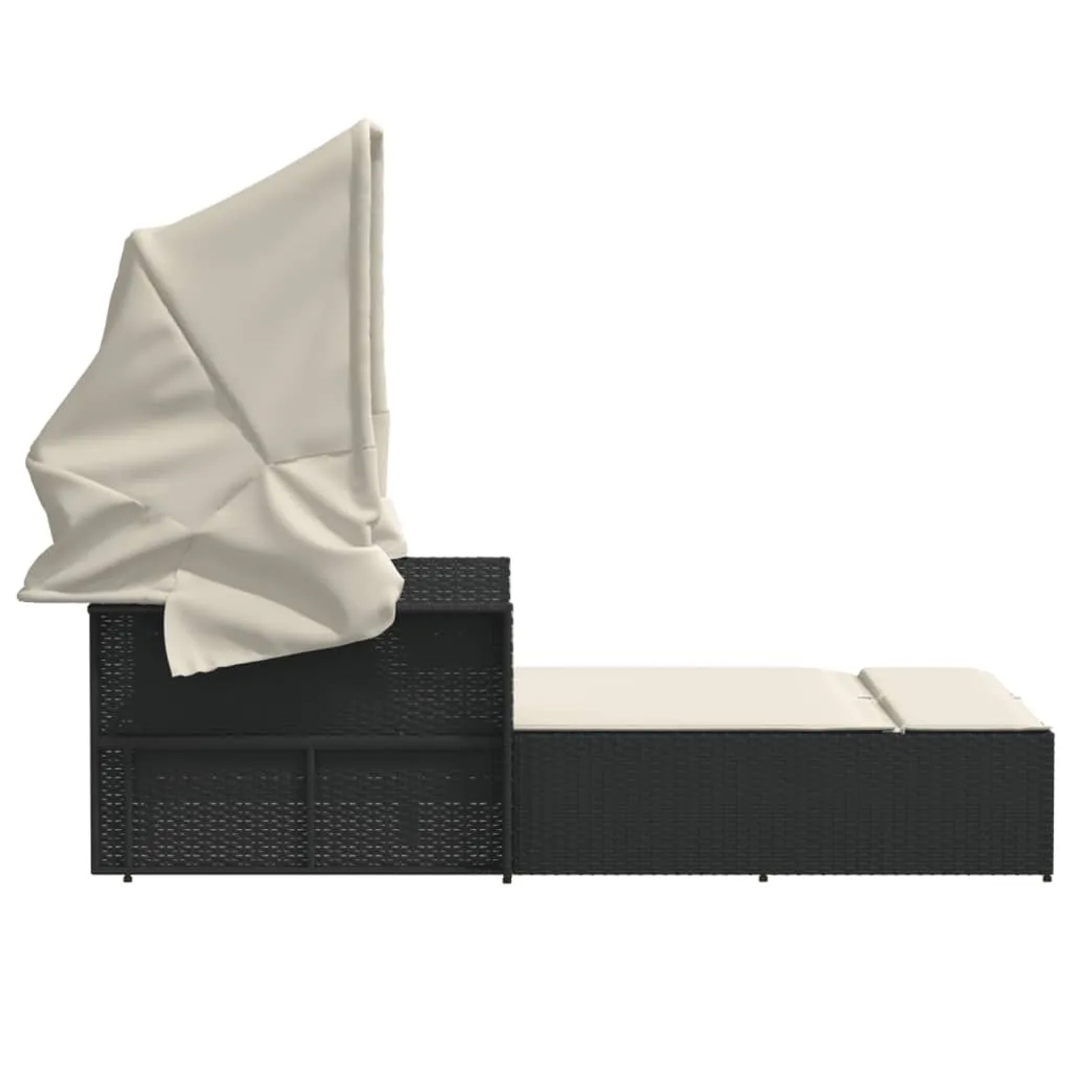 Schwarze Doppel-Sonnenliege mit Dach und cremefarbenen Auflagen aus Polyrattan.