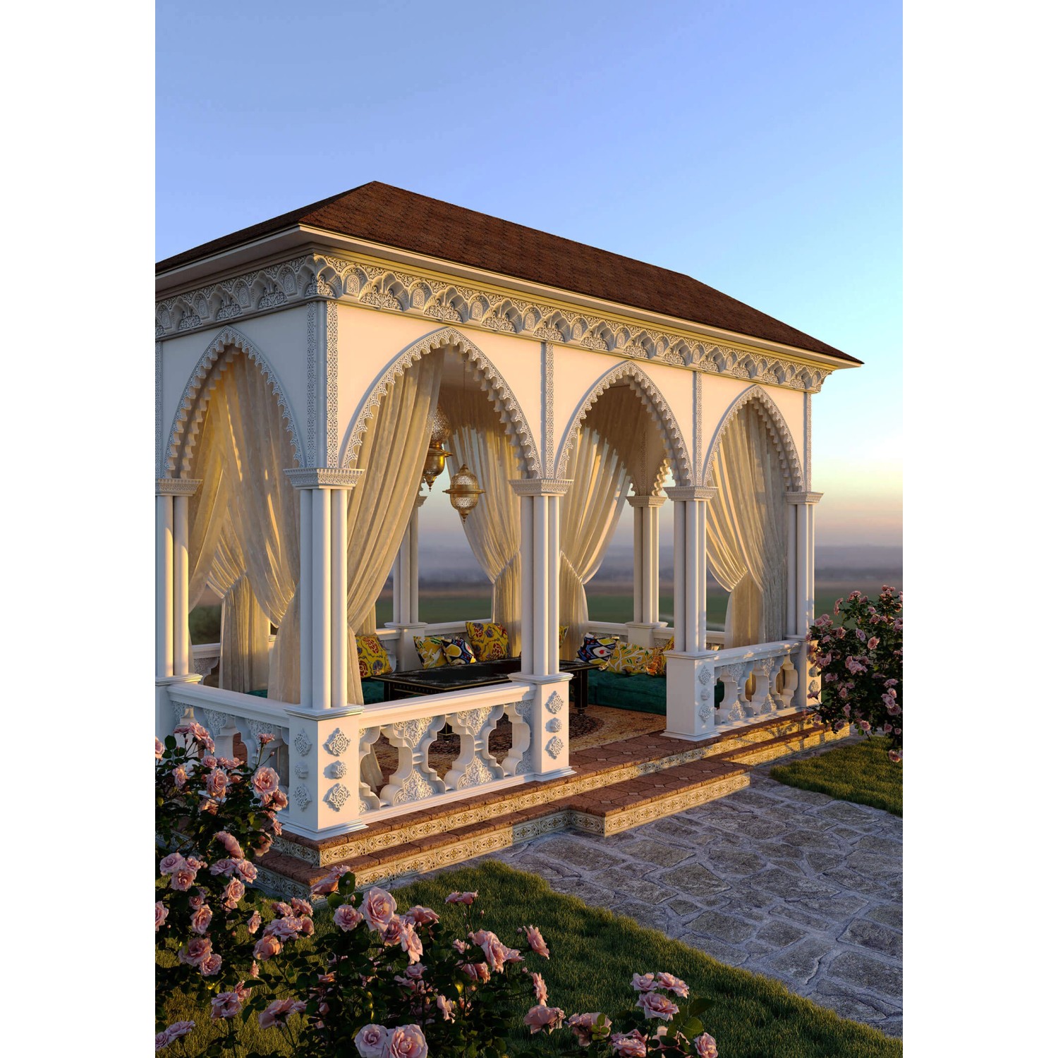 Bild von einem Pavillon mit PROFHOME Wandleisten im marokkanischen Stil, weiß, 24,48 m.