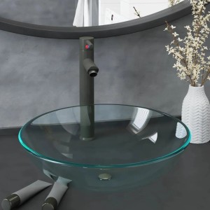 Transparentes Glaswaschbecken mit Armatur und Ablaufgarnitur von vidaXL.