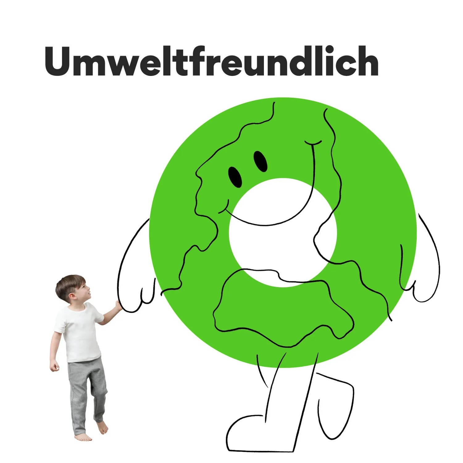 Illustration: Kind berührt grüne, lächelnde Erdkugel mit dem Schriftzug "Umweltfreundlich".