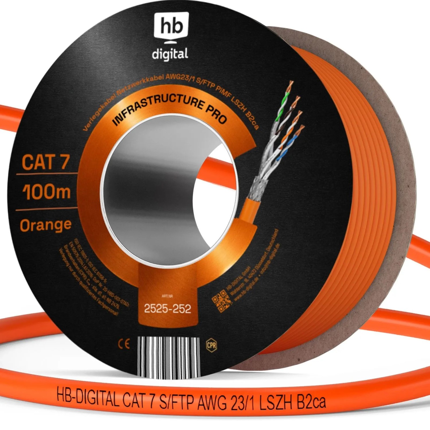 hb-digital CAT 7 Netzwerkkabel 100m PRO S/FTP PiMF AWG23/1 LSZH B2ca GHMT Zertifiziert