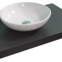 Rundes, weißes Aufsatzwaschbecken (Ø 42 cm) auf einer grauen Platte. Schlichtes Design für das Badezimmer.