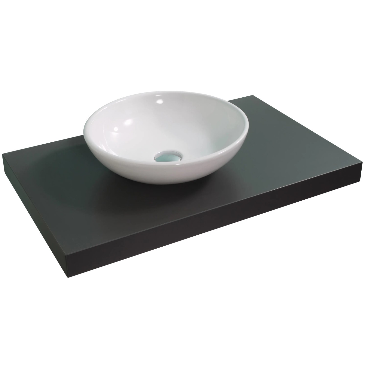 Rundes, weißes Aufsatzwaschbecken (Ø 42 cm) auf einer grauen Platte. Schlichtes Design für das Badezimmer.