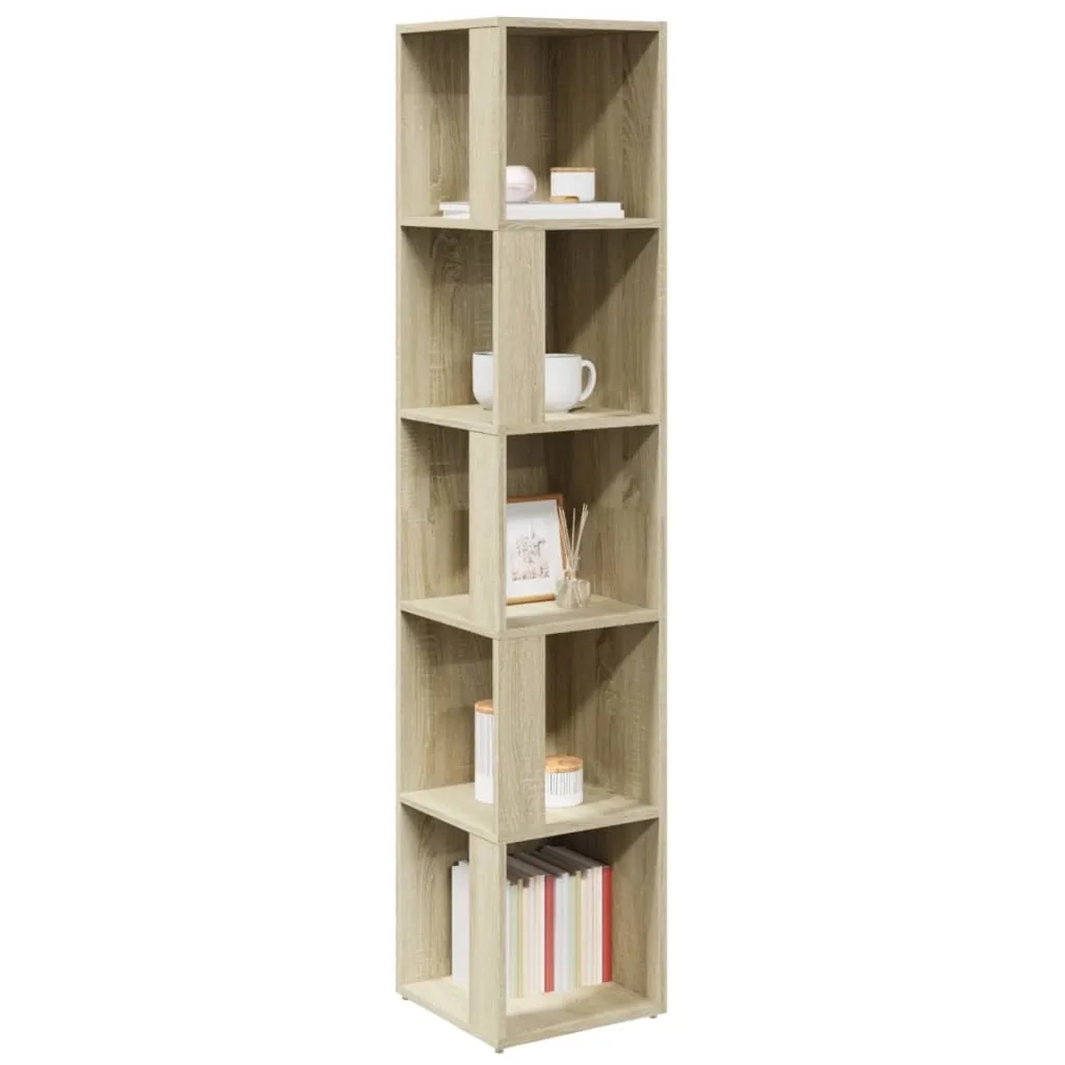 Eckregal Sonoma-Eiche, 164,5 cm hoch, mit fünf Fächern für Bücher und Deko.