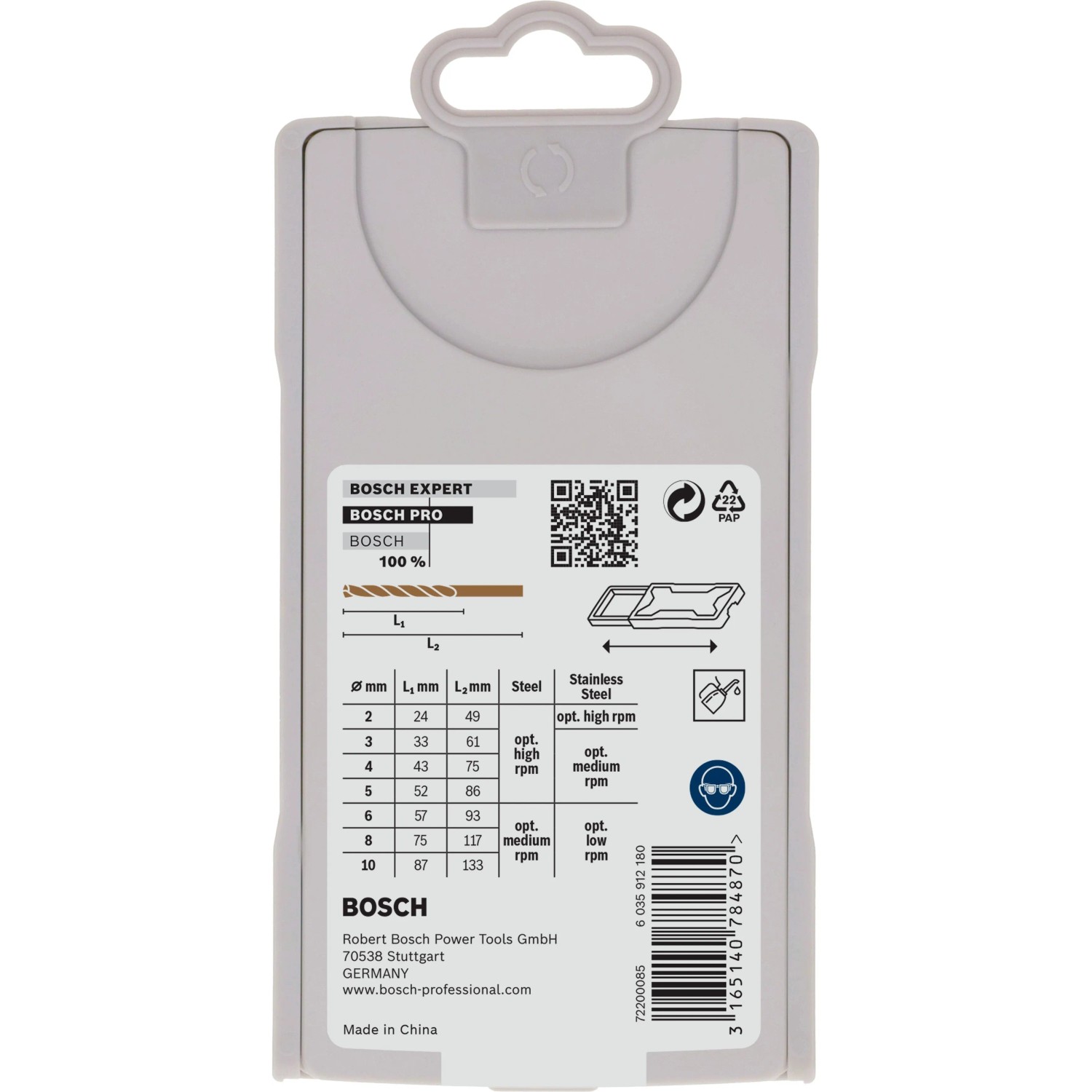 Bosch Stahlbohrer Pro Mini X-Line-Set HSS-G 7-teilig in grauer Verpackung. Tabelle mit Bohrergrößen und Drehzahlempfehlungen.