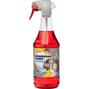 Tuga Aluminium-Teufel Felgenreiniger Rot in transparenter Sprühflasche.