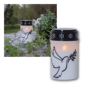 Weißes LED-Grablicht aus Kunststoff mit Taubenmotiv, warmweißem Flackerlicht und Timerfunktion, 12cm hoch.