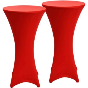 Zwei rote Beautissu Stella Stretch-Stehtischhussen für ø 70cm Tische. Perfekte Passform für Feiern & Events.