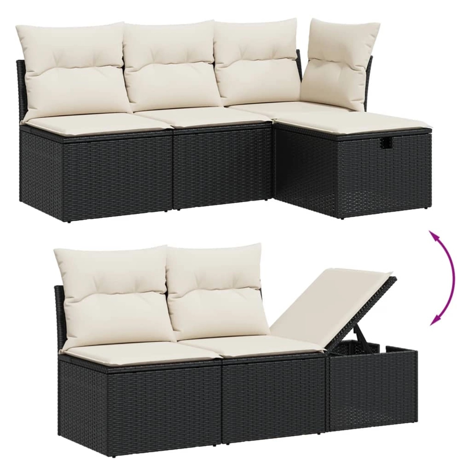 Schwarze 5-tlg. vidaXL Garten-Sofagarnitur aus Rattan mit cremeweißen Kissen.