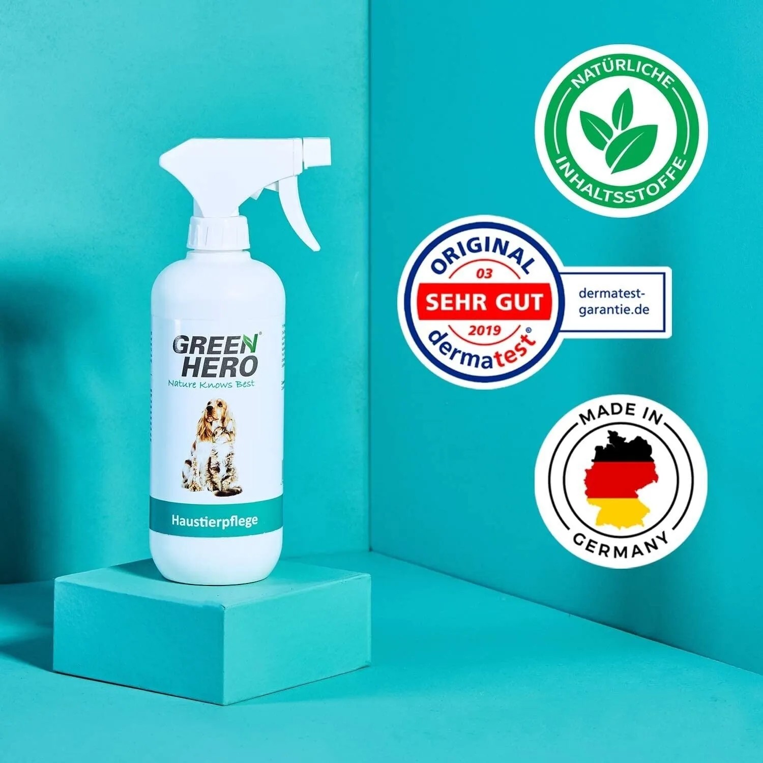 GreenHero Haustierpflege Spray gegen Juckreiz und Milben, mit Dermatest Siegel und natürlichen Inhaltsstoffen.