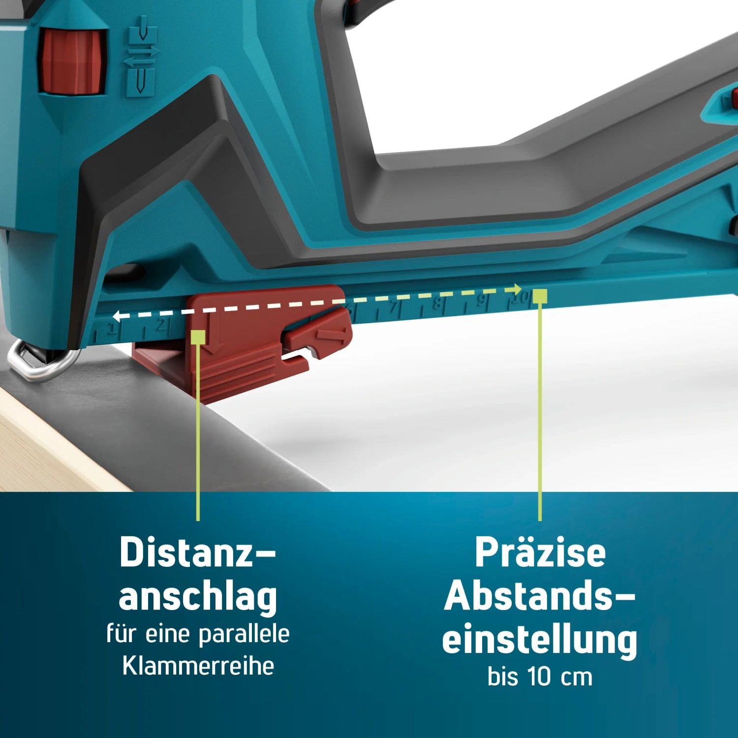 Detailaufnahme Novus Akkutacker J-551: Distanzanschlag für parallele Klammerreihen, präzise Abstandseinstellung.