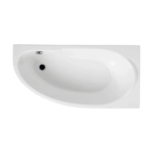 Weiße MIKI Eckbadewanne 140x70 aus Acryl mit Ablauf und Überlauf, rechtsseitig.