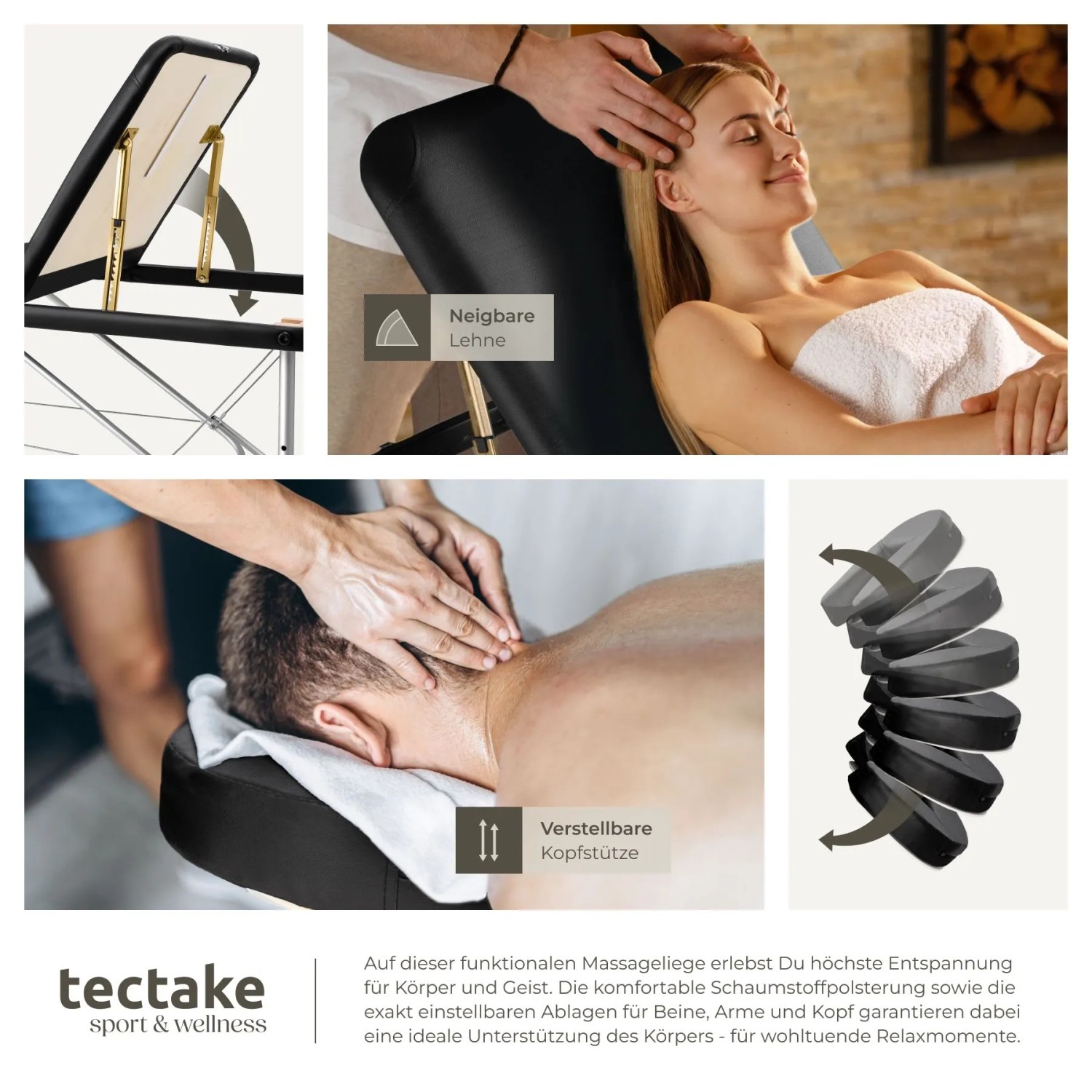 Schwarze Tectake Massageliege mit verstellbarer Kopfstütze und Liegefläche. Ideal für Wellness und Entspannung.