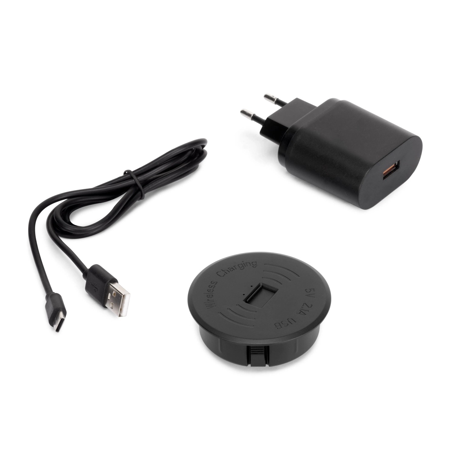 Emuca Airtop 2 USB-A Wireless Surface Handy-Ladegerät für Oberflächen mit USB A D 60 mm 5 V DC und 2.1 A USB-10 W und Qi-10 W Kunststoff Schwarz
