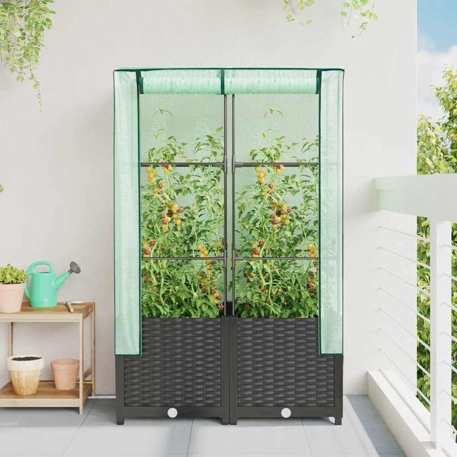 vidaXL Hochbeet mit Gewächshaus-Aufsatz in Rattan-Optik, 80x40x138 cm. Ideal für Garten, Balkon oder Terrasse.