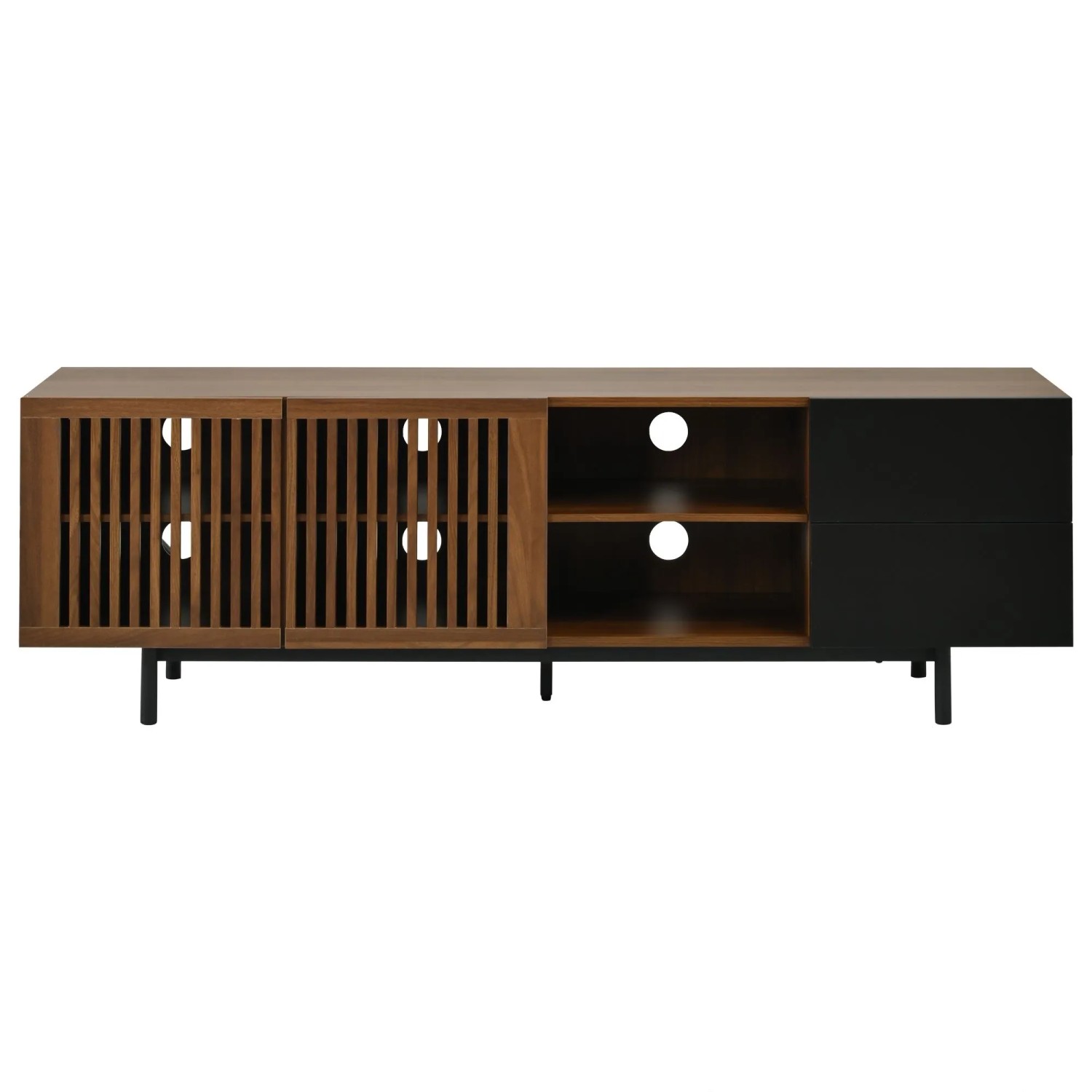 Merax TV Lowboard 160 cm Lamellentüren Schubladen Offene Fächer Walnuss Schwarz