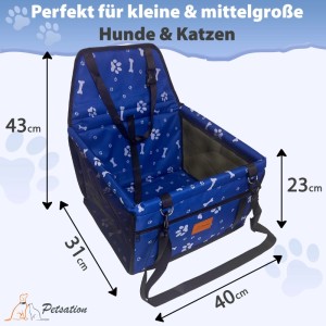Blauer Petsation Hundeautositz mit Pfoten- und Knochenmuster, Maße sind eingezeichnet.