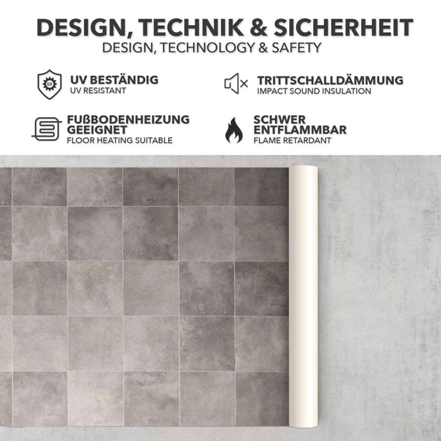 Karat CV Bodenbelag Atlantic Zala, Fliesenoptik, gerollt. PVC-Boden für Wohnräume.