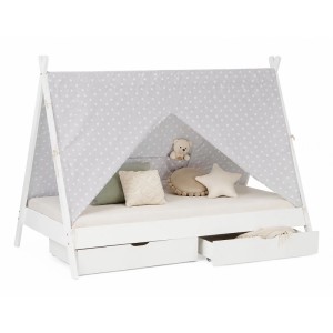Weißes Hausbett 90x200 aus Kiefernholz mit offenem Sternen-Zeltstoff, Matratze und zwei Bettkästen. Kinderbett.