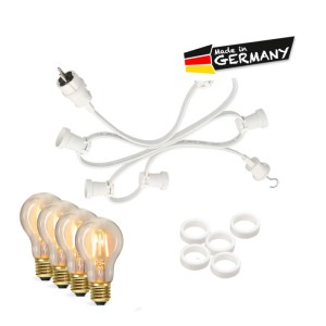 Weiße Satisfire Illu Partylichterkette 20m mit 20 LED Filamentlampen für Terrasse & Biergarten.