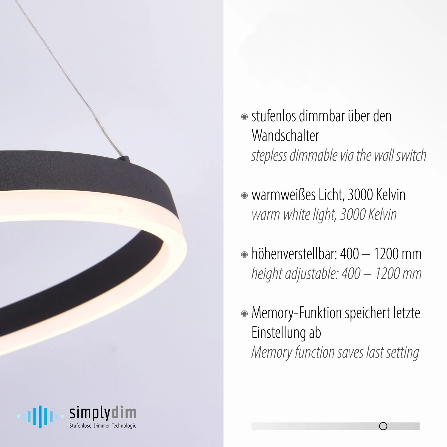 Moderne, anthrazitfarbene LED-Pendelleuchte Titus, Ø 60cm, dimmbar, für Wohnraum.