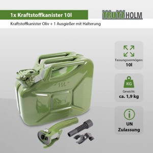 TRUTZHOLM 1x Benzinkanister Metall 10 Liter Mit Ausgießer Und Halter Oliv