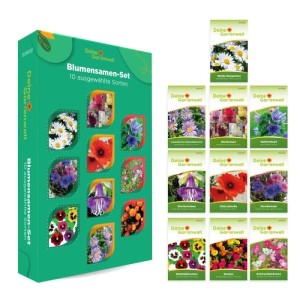 Blumensamen-Set in Grün mit 10 verschiedenen Sorten. Einzelne Päckchen zeigen bunte Blumen wie Margeriten, Mohn, Kornblumen.
