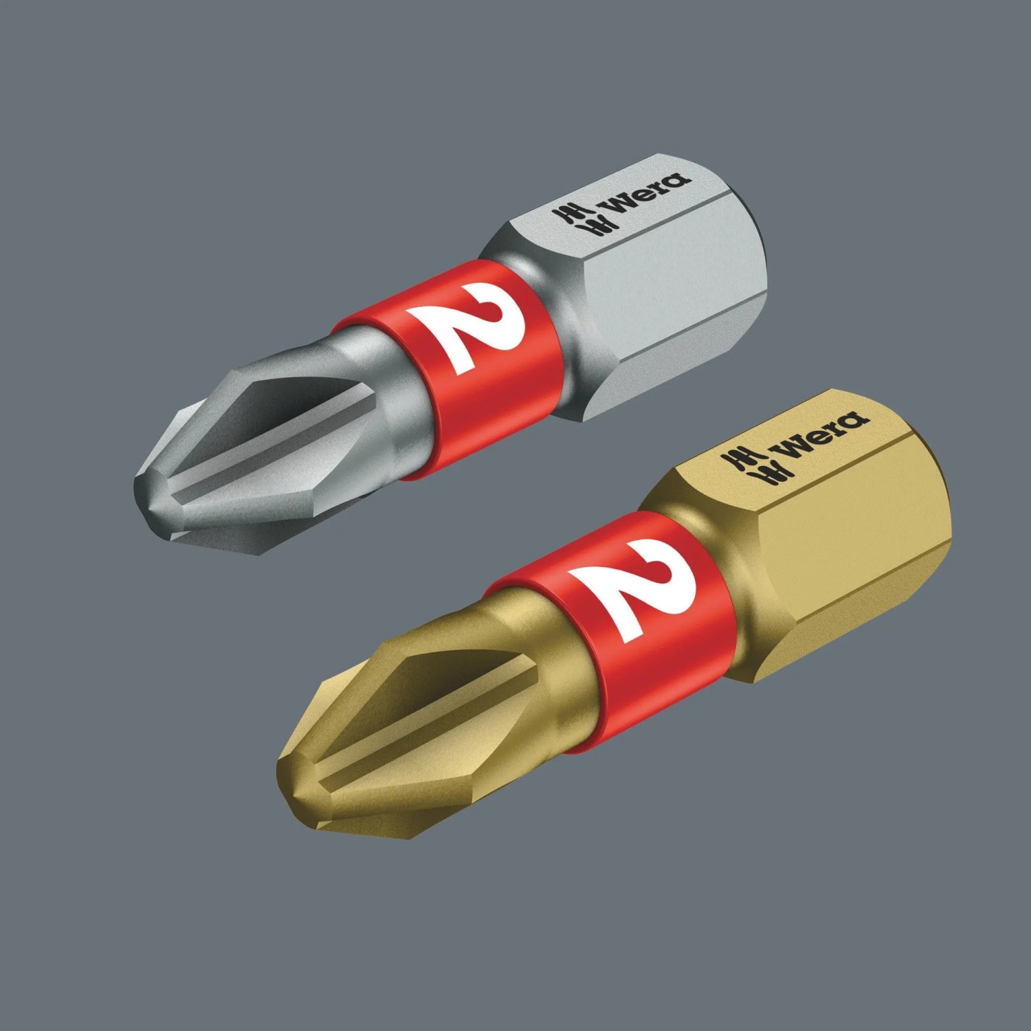 Zwei Wera BiTorsion Kreuzschlitz-Bits (Größe 2), silber und gold, für das Wera Werkzeugset Tool-Check Combi.