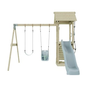 PolarPlay Babyschaukel Vimmerby Eisblau mit Rutsche und Kletterturm aus Holz.