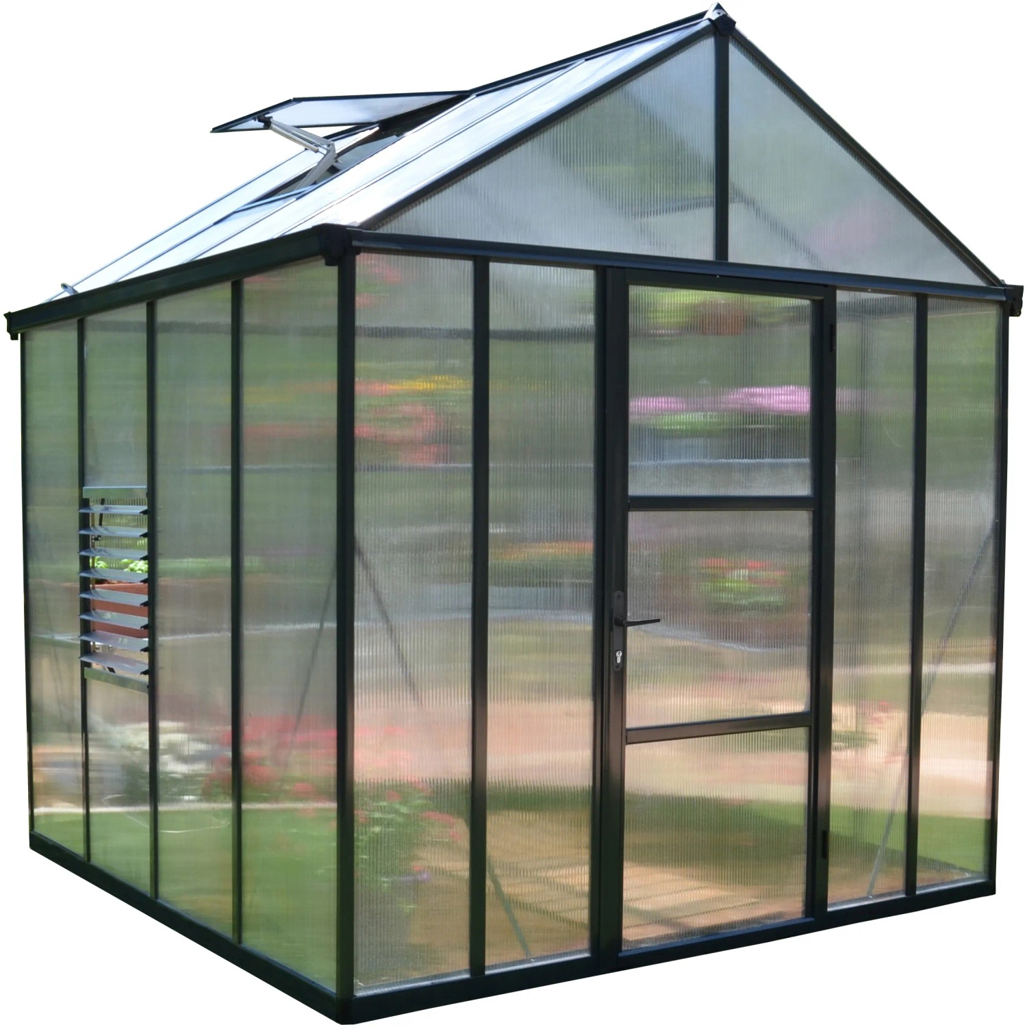 Palram Canopia Glory Gewächshaus 2.4x2.5m, anthrazit, mit Dach- und Seitenfenster für optimale Belüftung.