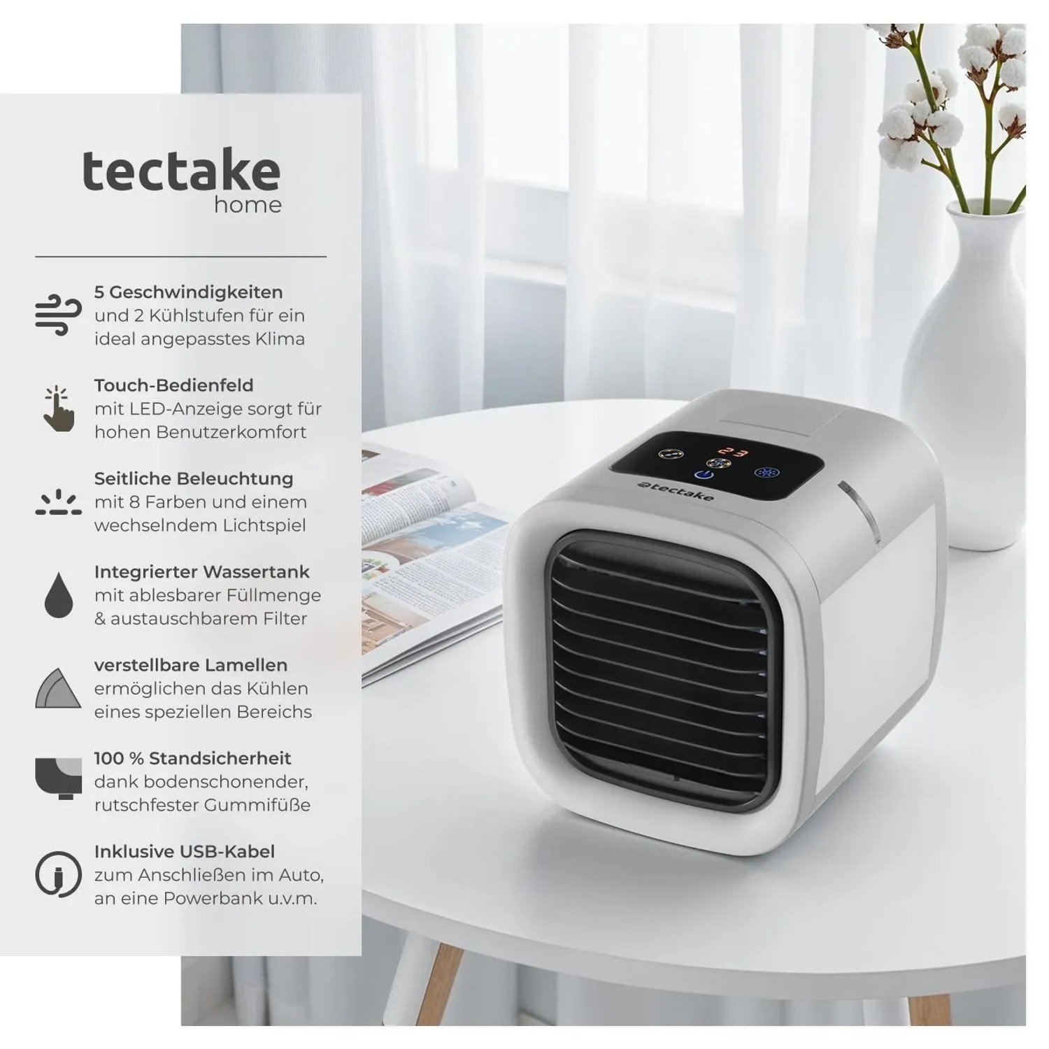 Tectake 3-in-1 Luftkühler Frosty, grau, mit LED-Beleuchtung und Touch-Bedienfeld.