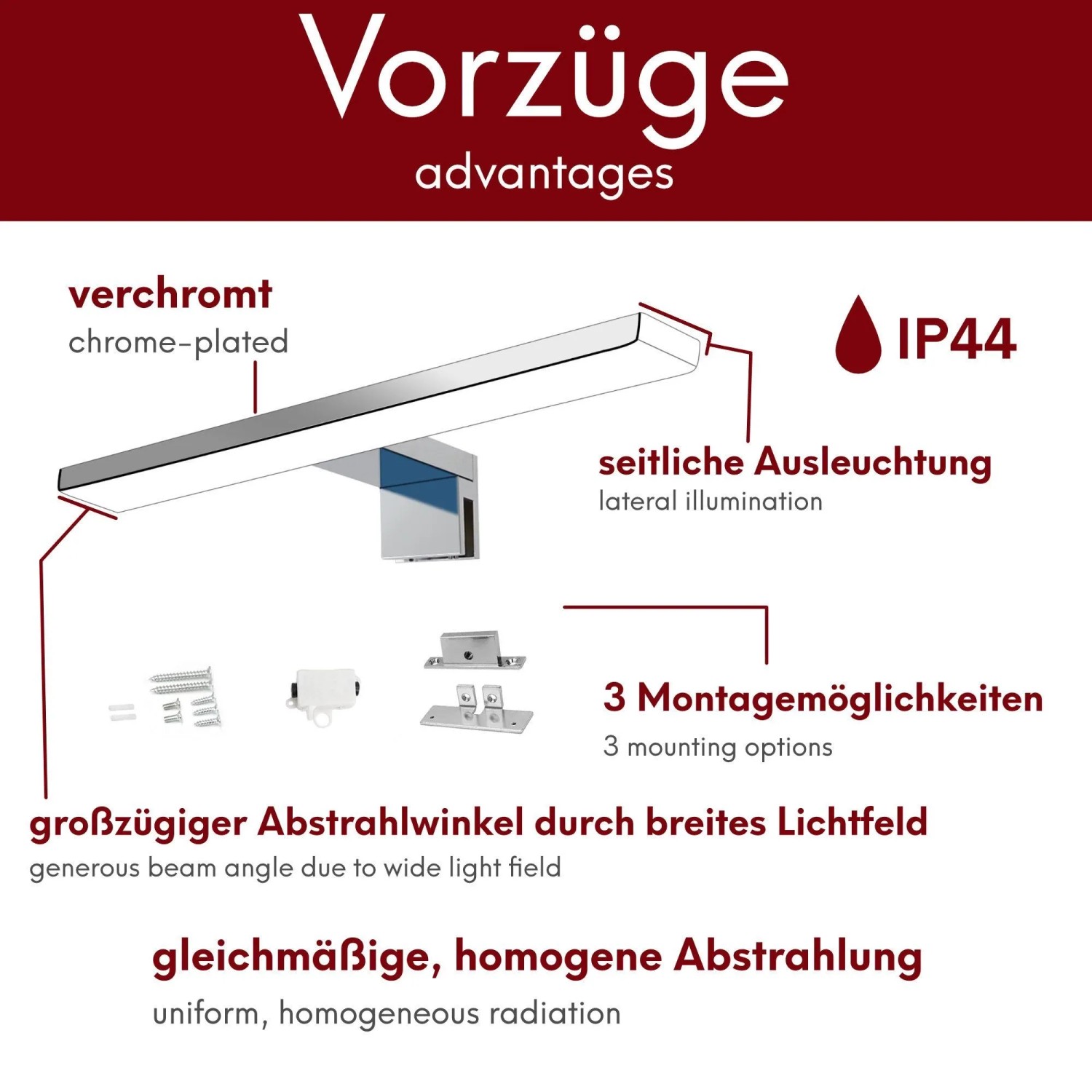 Kalb Aurinko LED Badleuchte, Chrom, 30cm. Spiegellampe mit neutralweißem Licht.