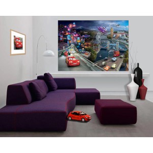 Disney Cars Fototapete mit Lightning McQueen vor Londoner Skyline, 160x110 cm.