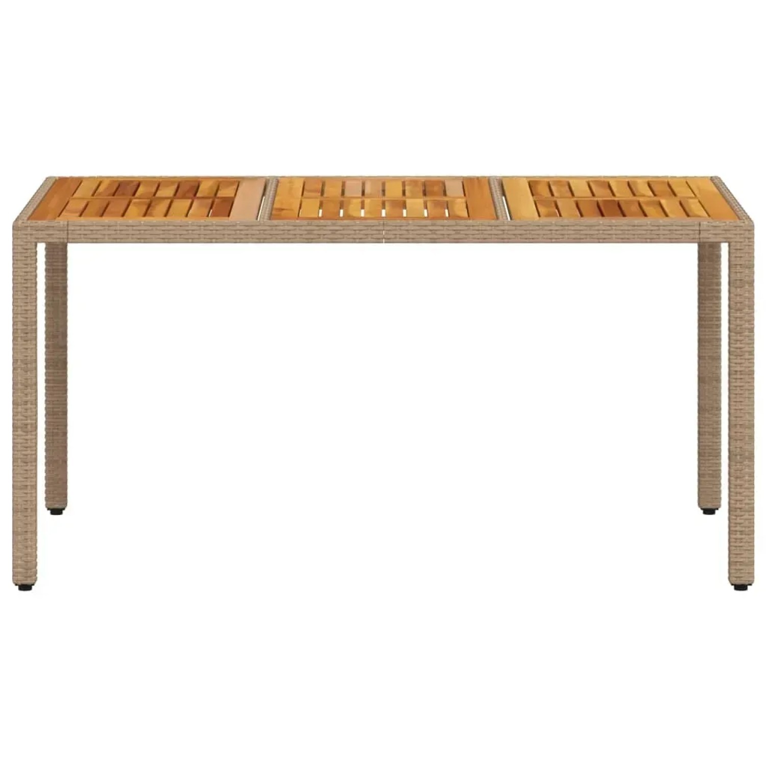 Beiger Gartentisch (150x90 cm) aus Poly Rattan und Akazienholz.