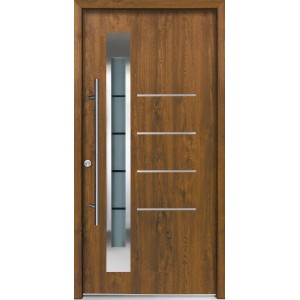 Splendoor Thermospace Haustür Berlin Prime in Nussbaum mit Edelstahl-Applikationen und Glaseinsatz.